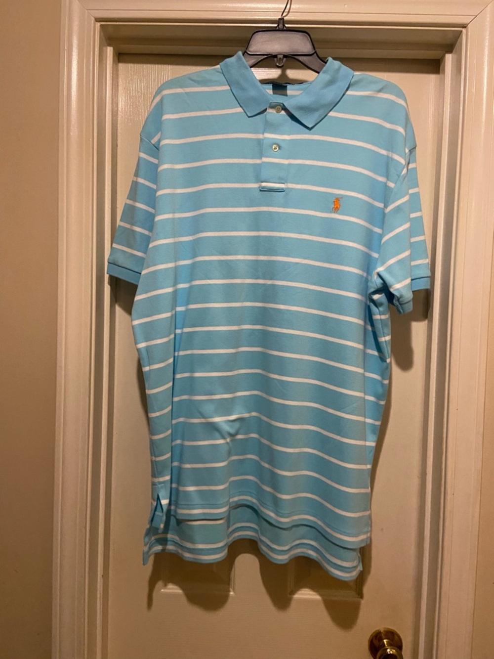 Ralph Lauren Light Blue & White Striped Polo with Orange Pony